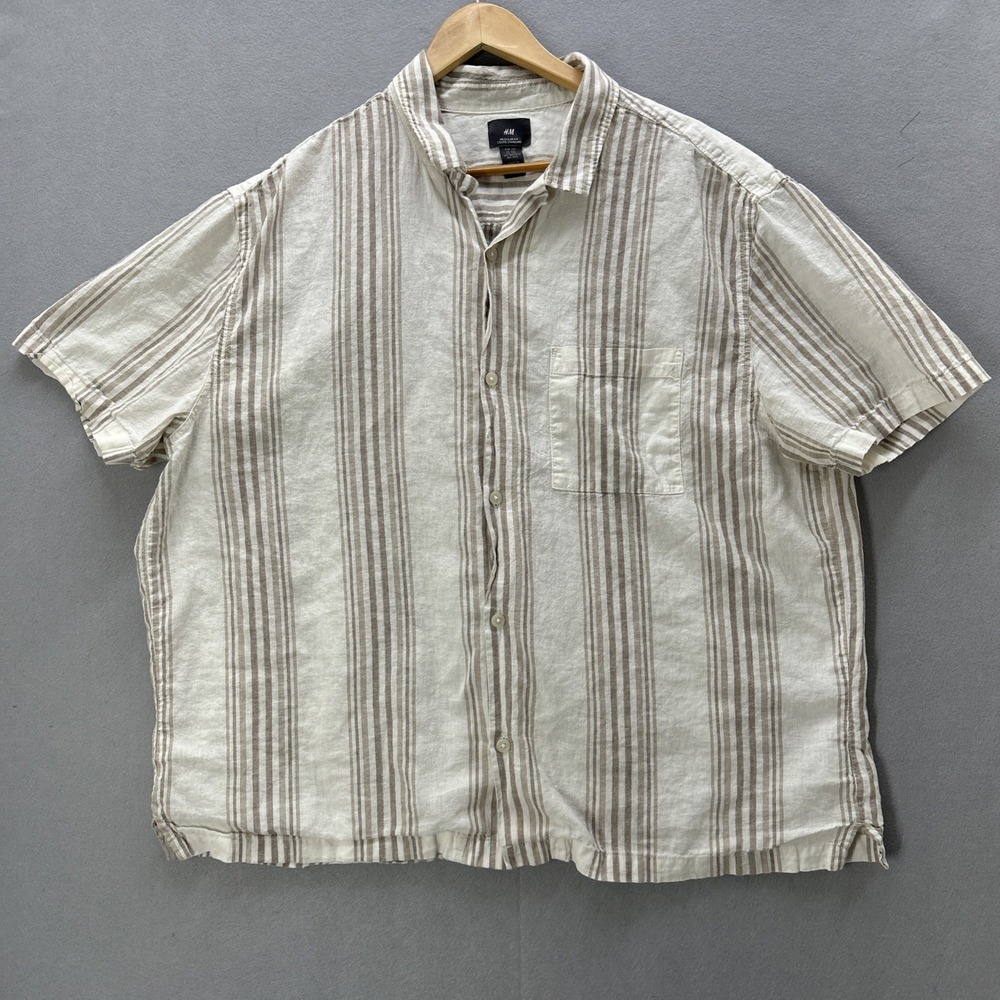 H&M Camp Shirt Men Size 2XL Striped Linen Cotton Short Sleeve Beige Regular Fit